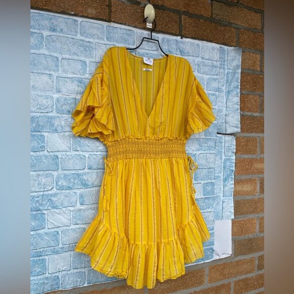 SAYLOR Adrianne Ruffled V-Neck Metallic Striped Gold Mini Dress medium - Picture 4 of 11